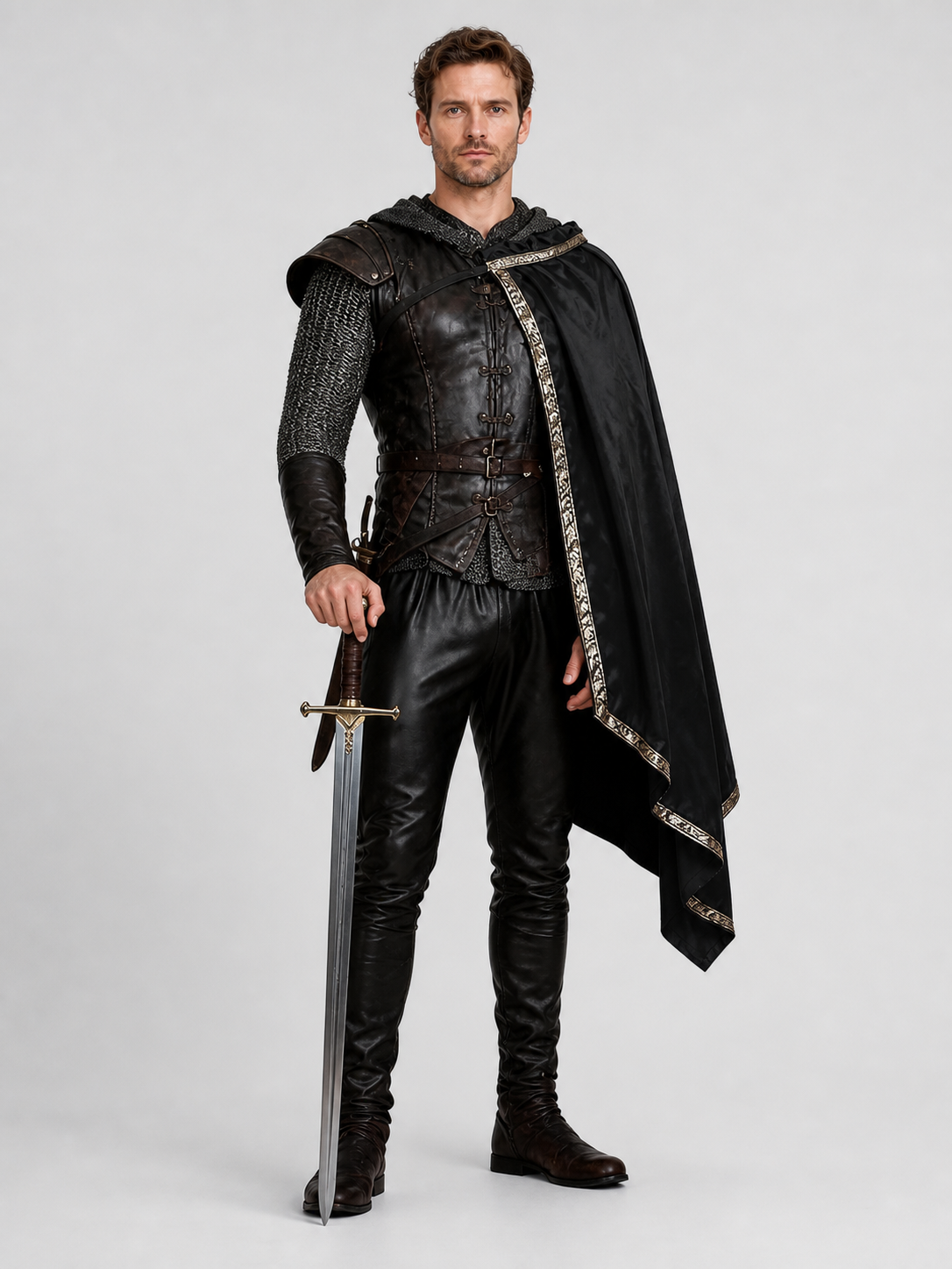 Black Medieval Costume with Asymmetrical Cape