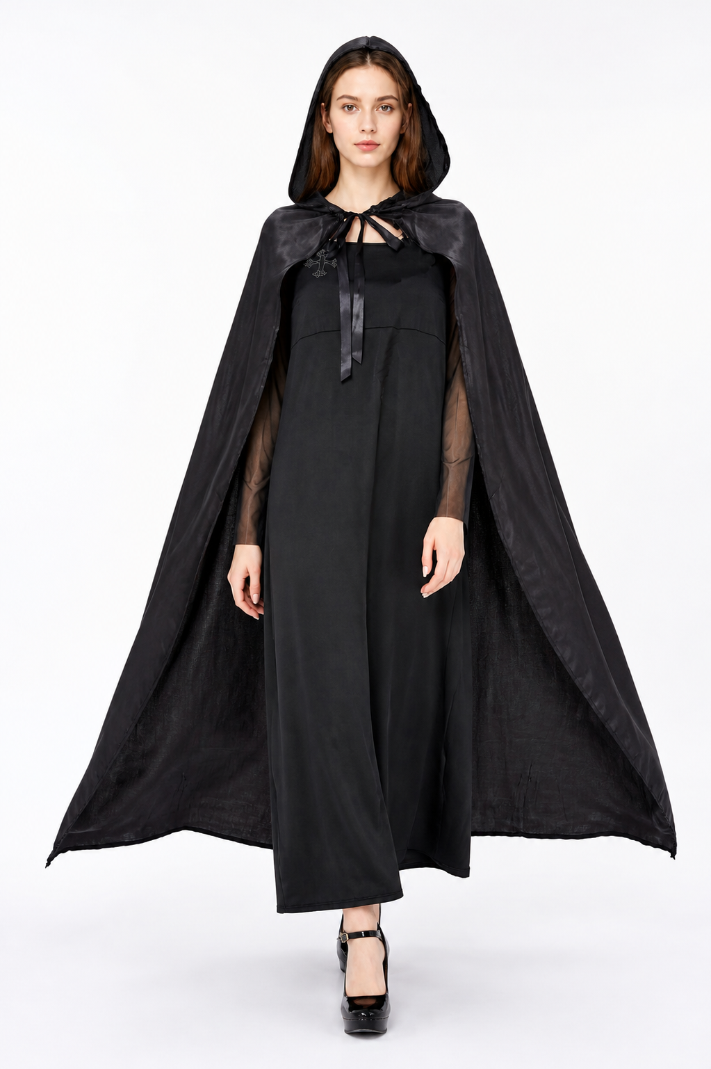 Costume: Black Hooded Cape and Dress Costume Dresses detail