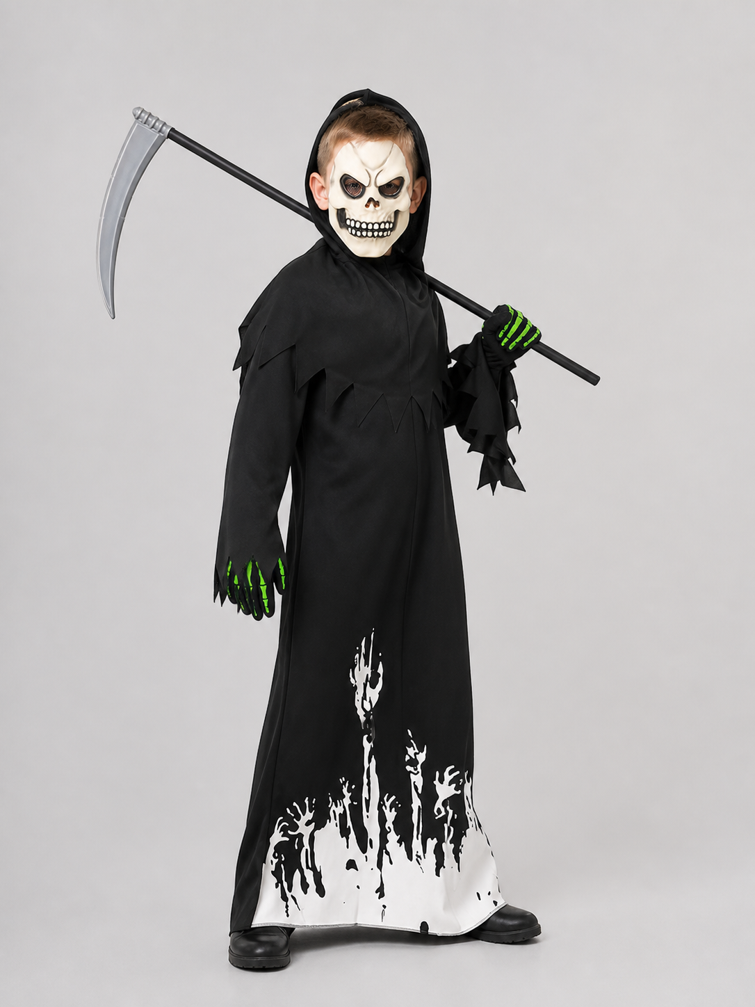 Reaper Jumpsuit Costume with Mask, Gloves, and Scythe Costume Masks detail 2