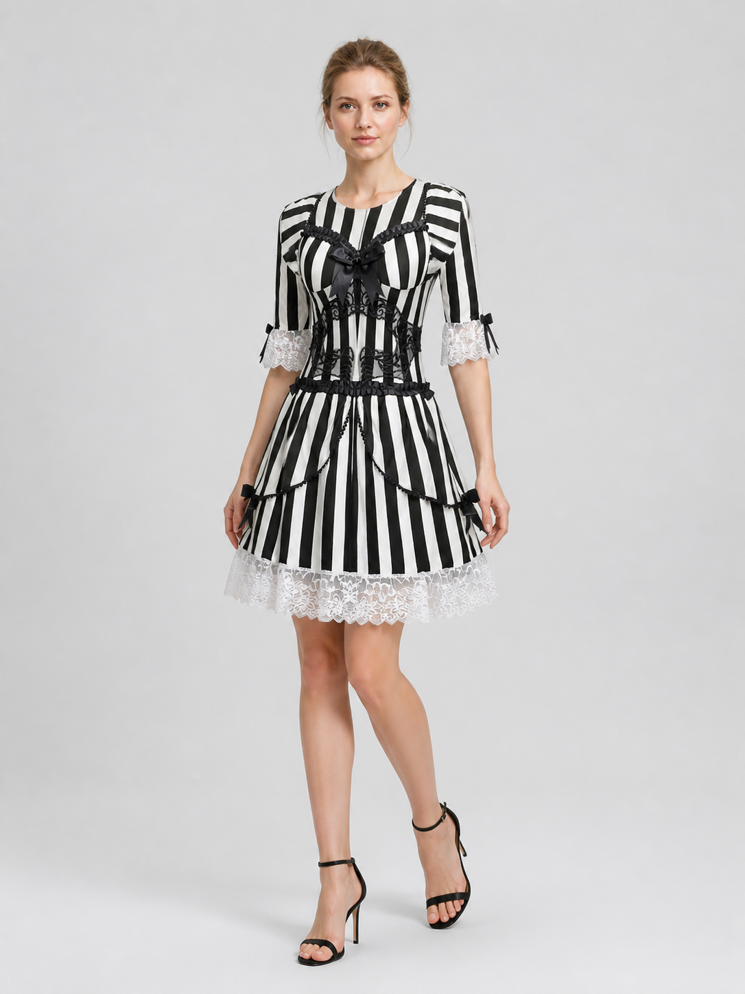 Black and White Striped Halloween Dress with Lace Costume Dresses detail 2