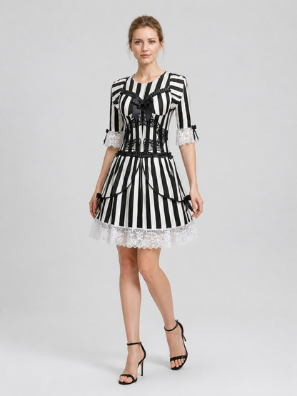 Black and White Striped Halloween Dress with Lace Costume Dresses detail 2