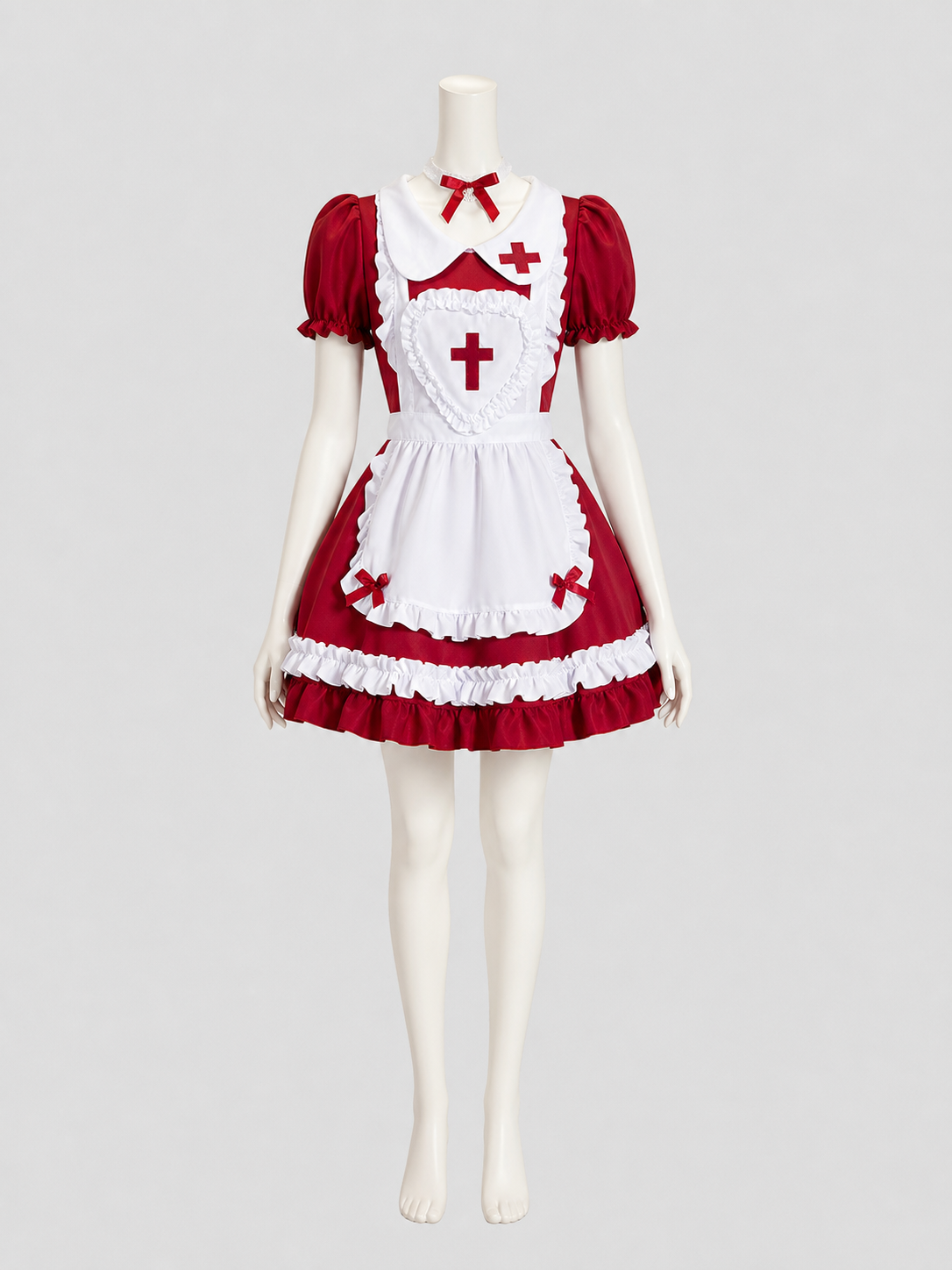 Lolita-Style Red and White Dress with Ruffles and Bows Costume Dresses detail 2