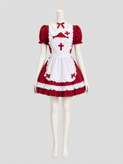 Lolita-Style Red and White Dress with Ruffles and Bows Costume Dresses detail 2