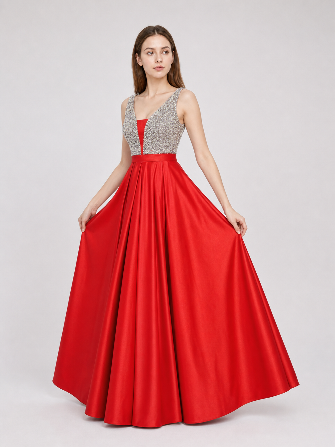 Floor-Length Evening Dress with a Deep V-Neckline