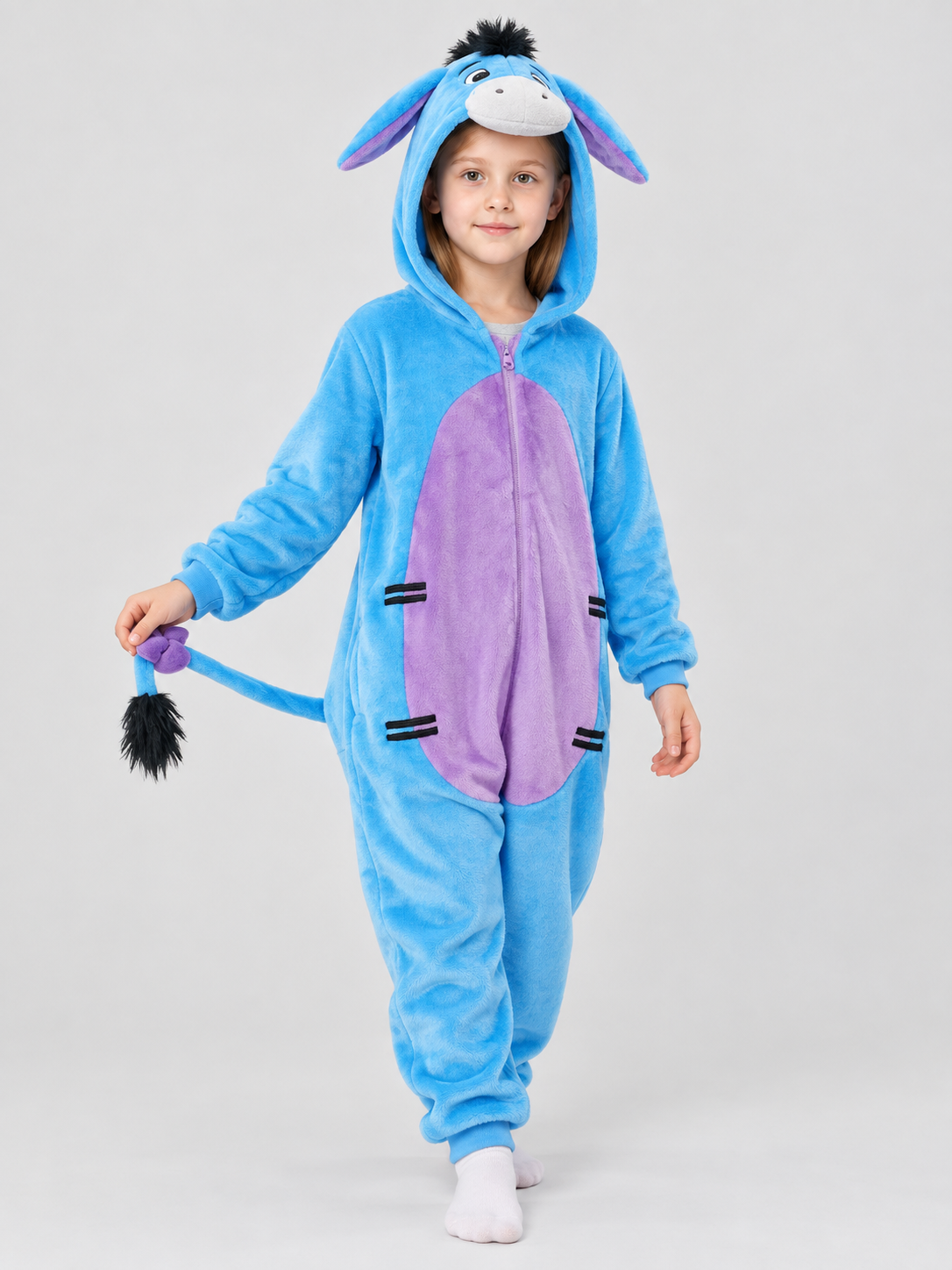Blue Pajama Jumpsuit with Hood, Ears, and Tail