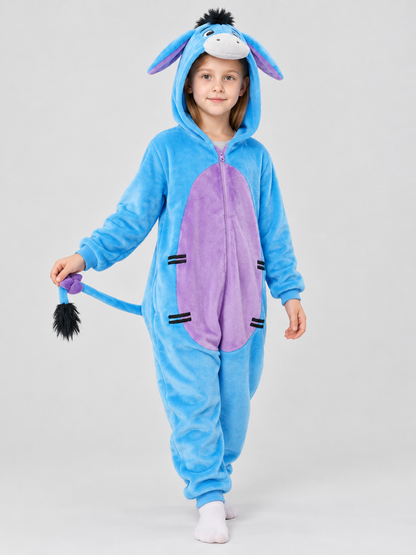 Blue Pajama Jumpsuit with Hood, Ears, and Tail