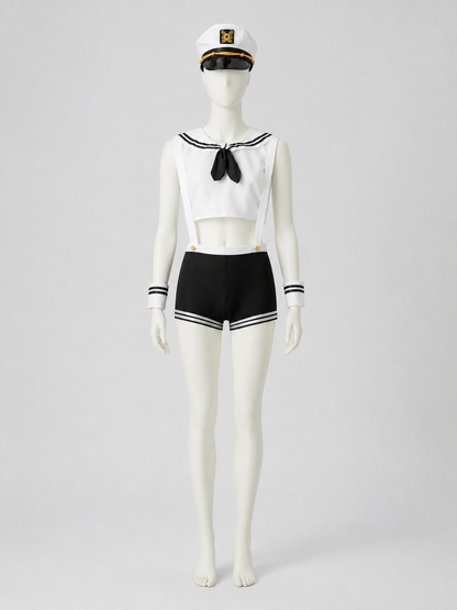 Sailor Costume: White Top, Black Shorts, Sailor Cap Costume Headwear detail 2