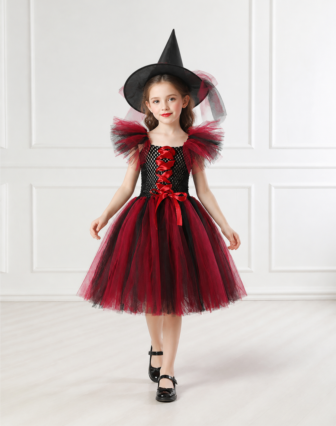 Black and Red Witch Costume with Full Skirt and Hat Costume Headwear detail 2