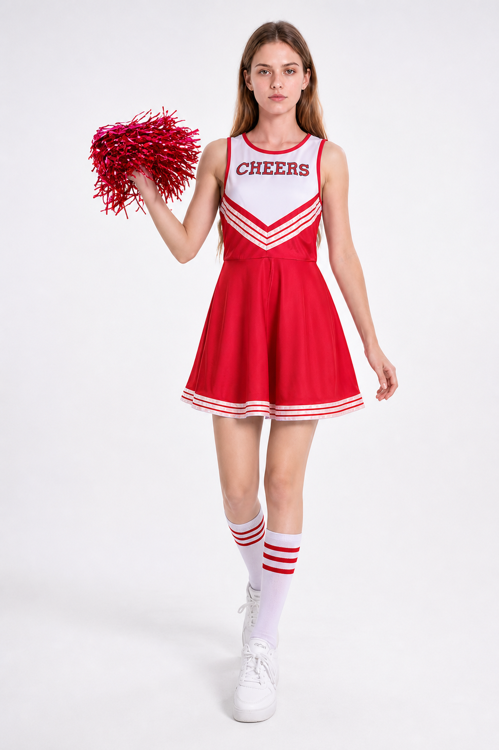 Red Cheerleading Dress with Pom-Poms and Knee-High Socks Costume Dresses detail 2