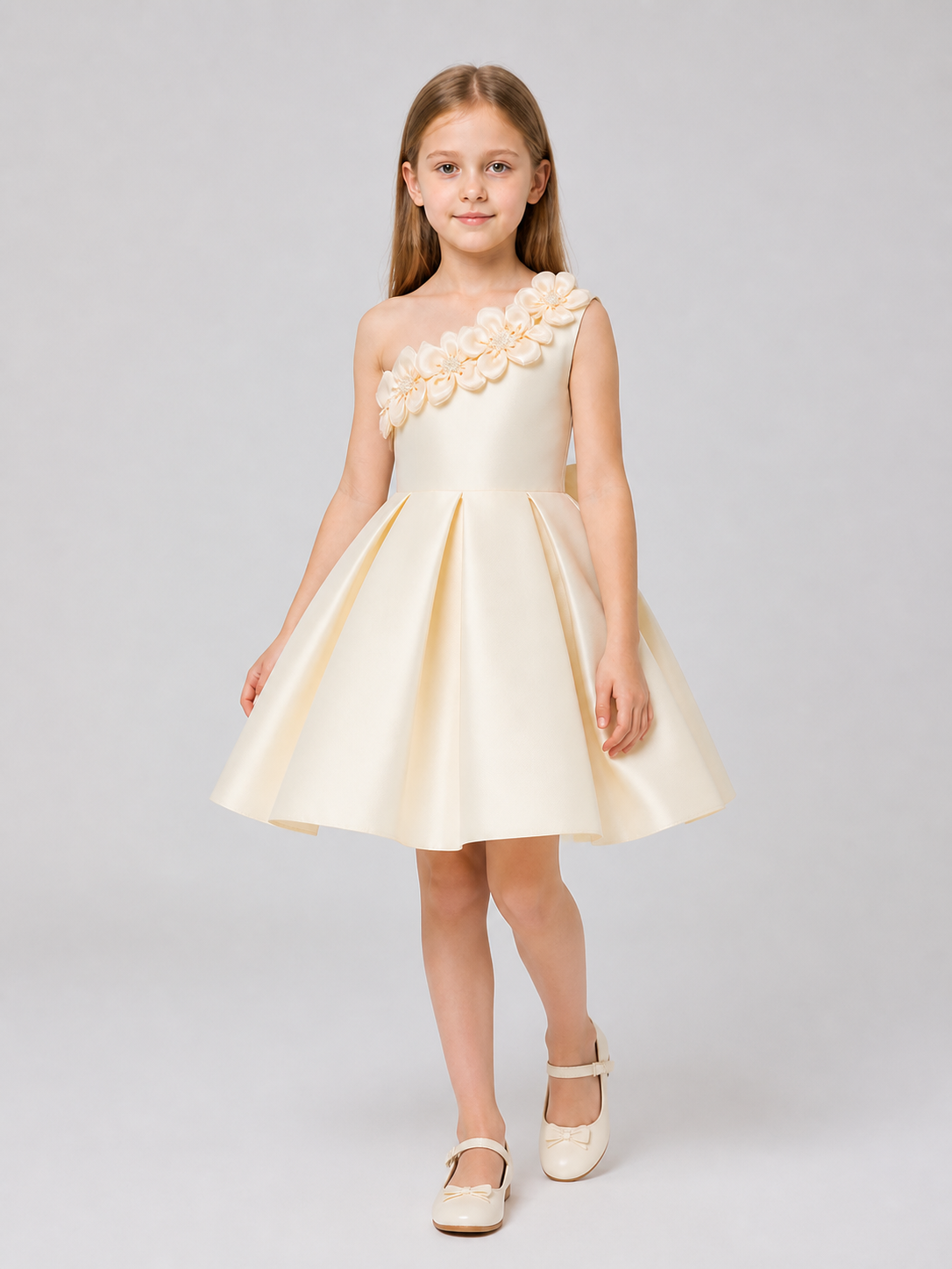 Champagne Children's Party Dress with a One-Shoulder Flower Costume Dresses detail 2