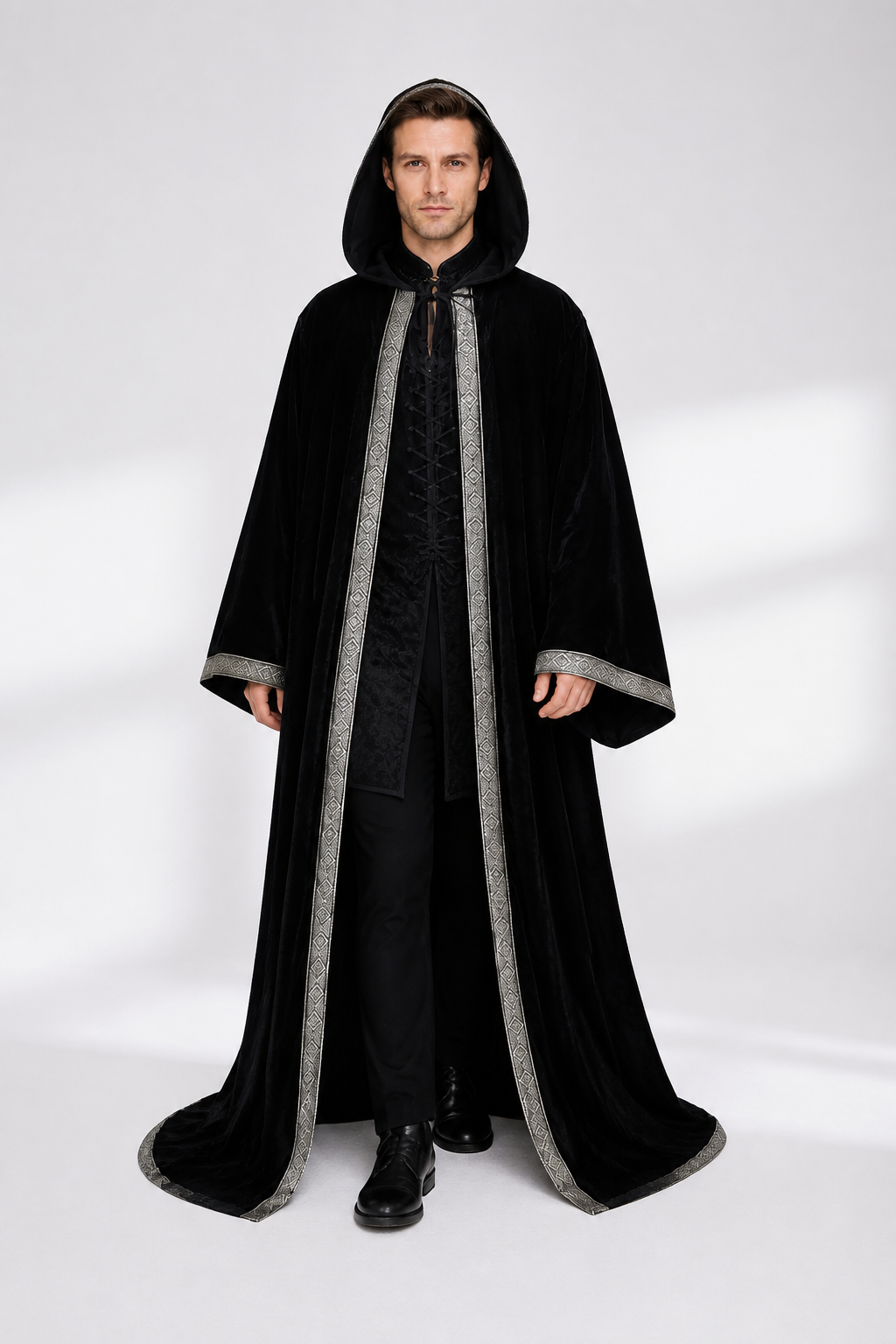 Black hooded cloak for Halloween, silver trim Costume Capes detail 2