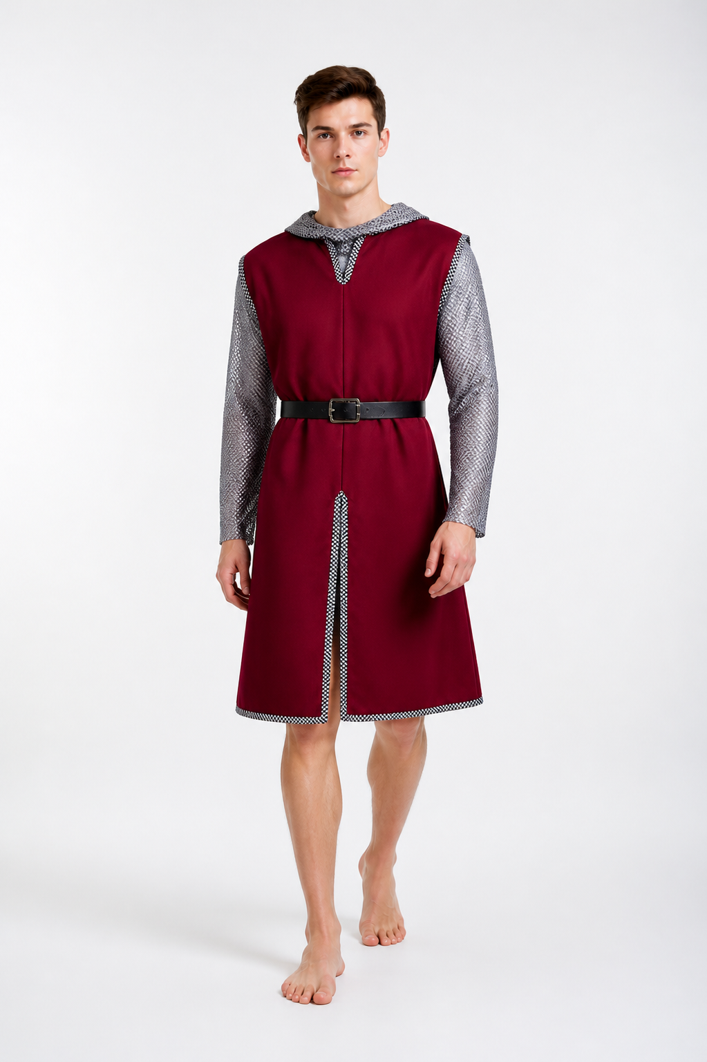 Burgundy Knight Costume with Chainmail and Belt Costumes detail 2