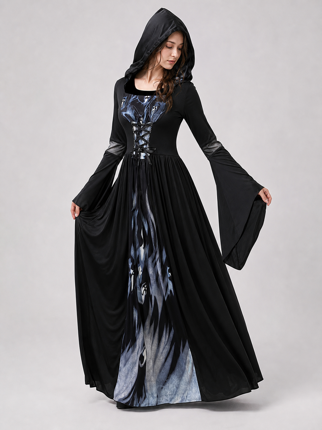 Gothic cosplay dress with hood and skulls