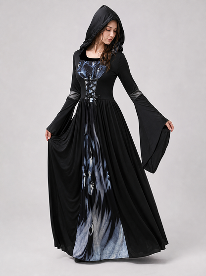 Gothic cosplay dress with hood and skulls