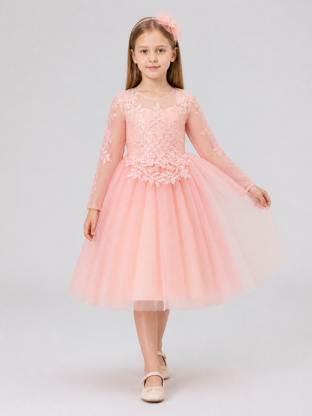 Puffy Pink Princess Dress with Floral Decor Costume Dresses detail 2