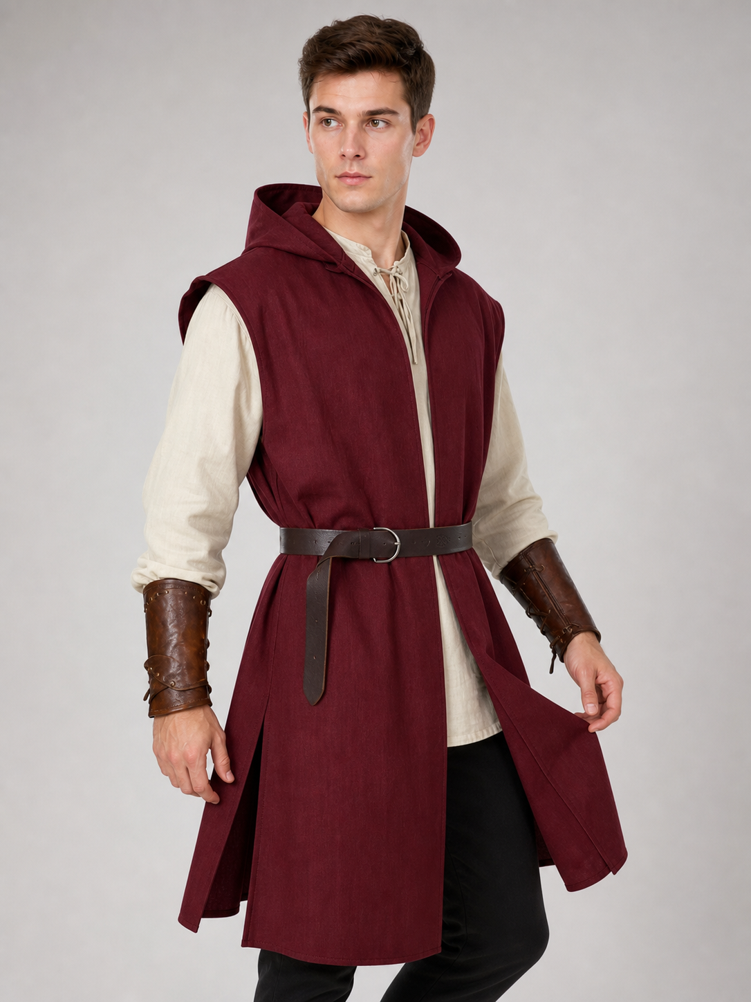Adult Medieval Fantasy Hooded Cape, Wine Red Sleeveless Long Split-Hem Cloak