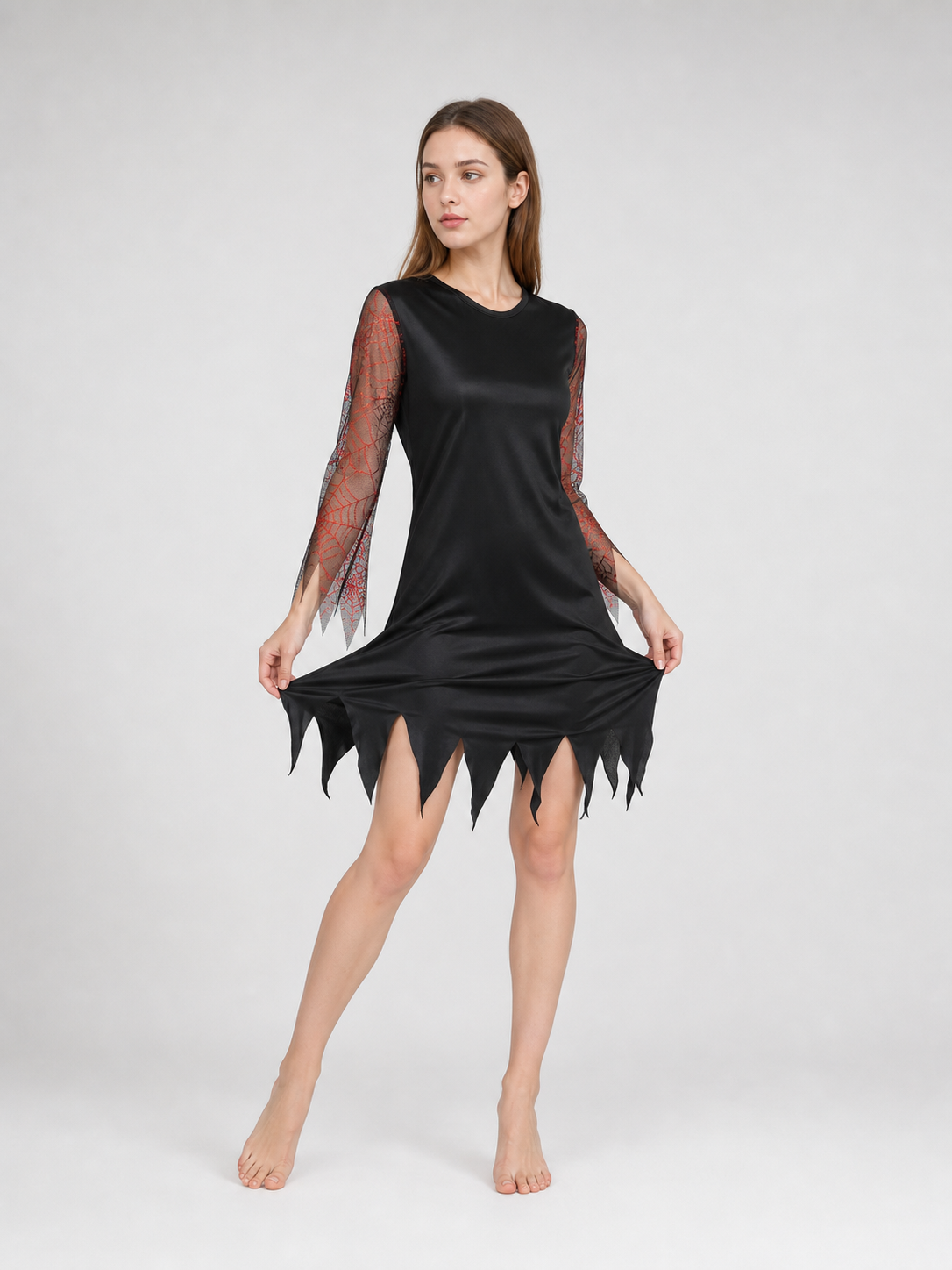 Halloween costume set for a standout look and themed events. The set includes a pointed wide-brim hat and a one-piece long-sleeve dress. The style is mostly black, while the semi-sheer sleeves made from lightweight mesh have a dark red-and-