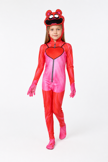 Pink Poppy Playtime Jumpsuit with Hood and Heart on-model alternate view