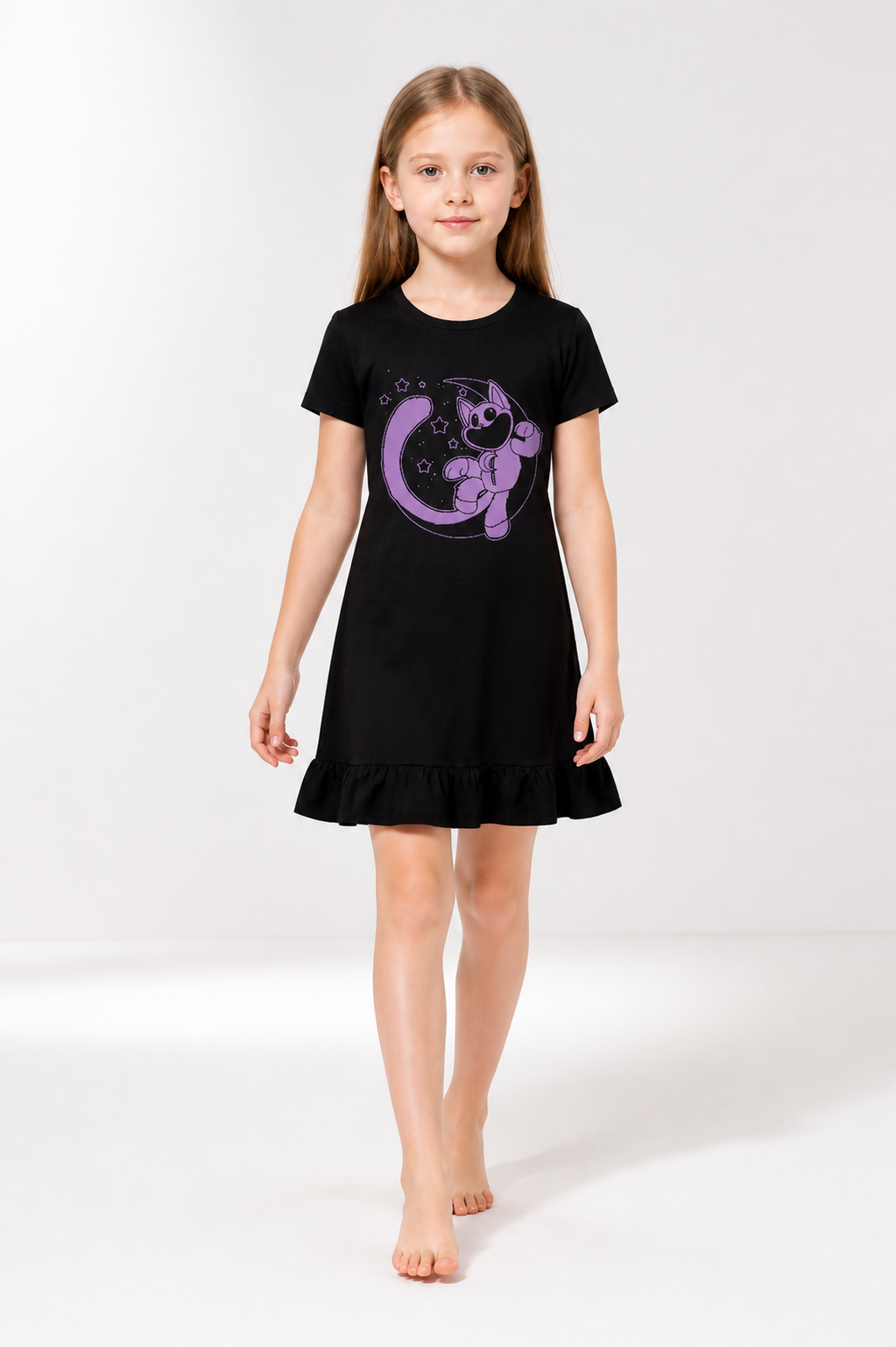 Black Dress with Purple Character Print and Ruffles Costume Dresses detail 2