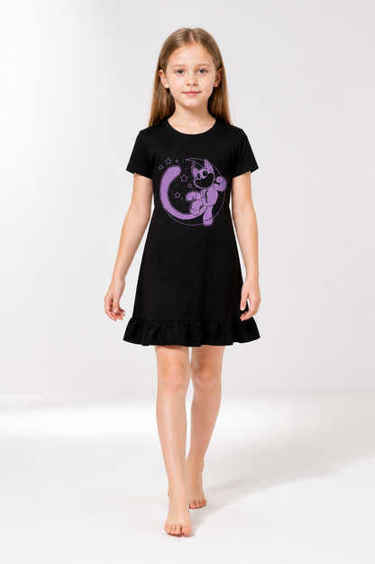 Black Dress with Purple Character Print and Ruffles Costume Dresses detail 2