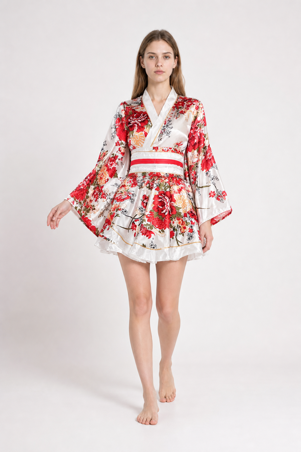 Wrap-style kimono with a full skirt and belt, peony print product detail