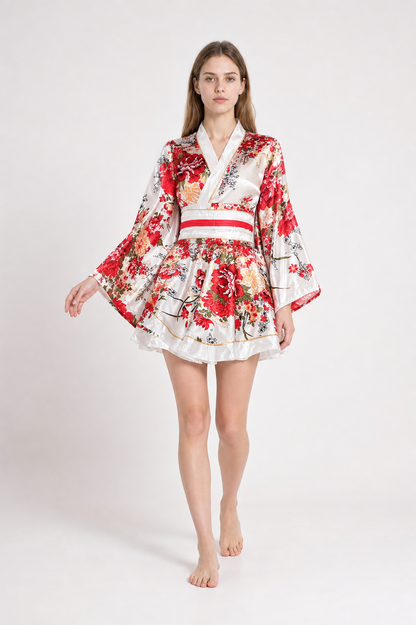 Wrap-style kimono with a full skirt and belt, peony print product detail