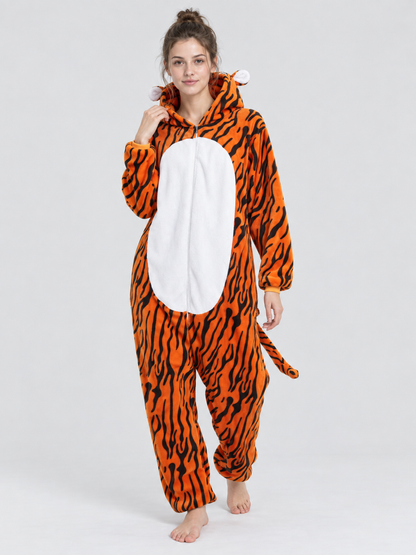 Fleece Pajama Jumpsuit with Tiger Print and Hood