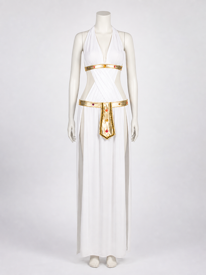 White Cleopatra Costume with Gold Decor for Cosplay Holiday Decorations detail 2