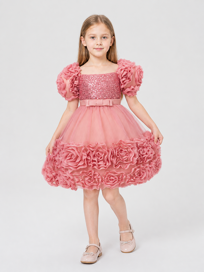 Festive Sequin Dress with Full Skirt and Bow