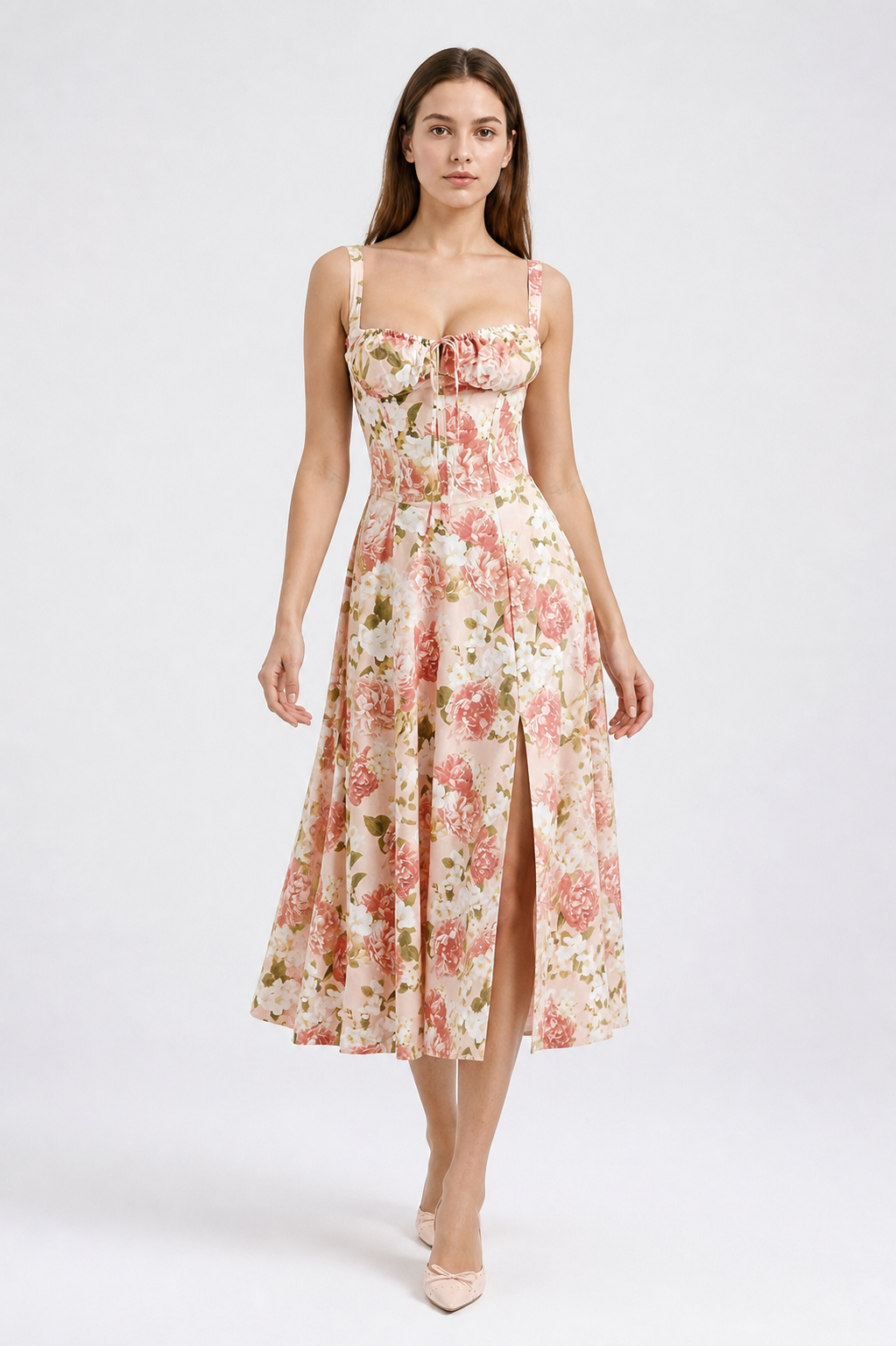 Spaghetti-Strap Dress with a Square Neckline and Floral Print Costume Dresses detail 2
