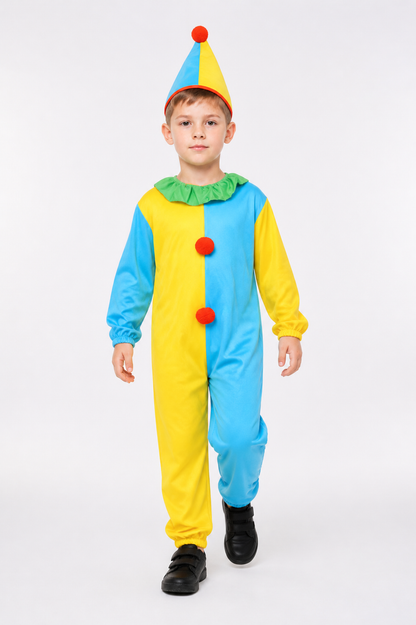 Clown Jumpsuit with Pointed Hat, Red Pom-Poms, and Ruffle Costume Headwear detail 2