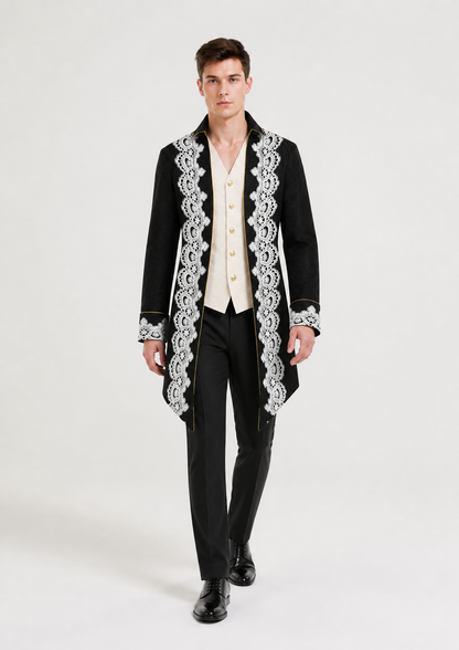 Longline tailcoat with lace and gold buttons