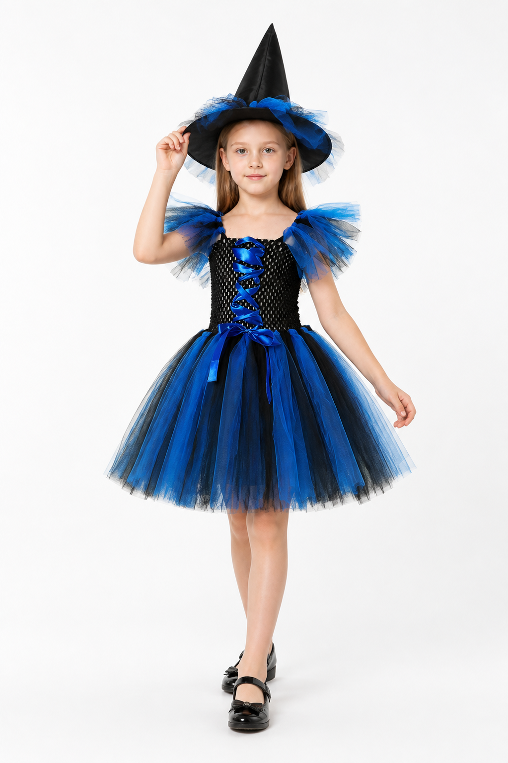 Blue and Black Witch Costume with Full Skirt and Hat Costume Headwear detail 2
