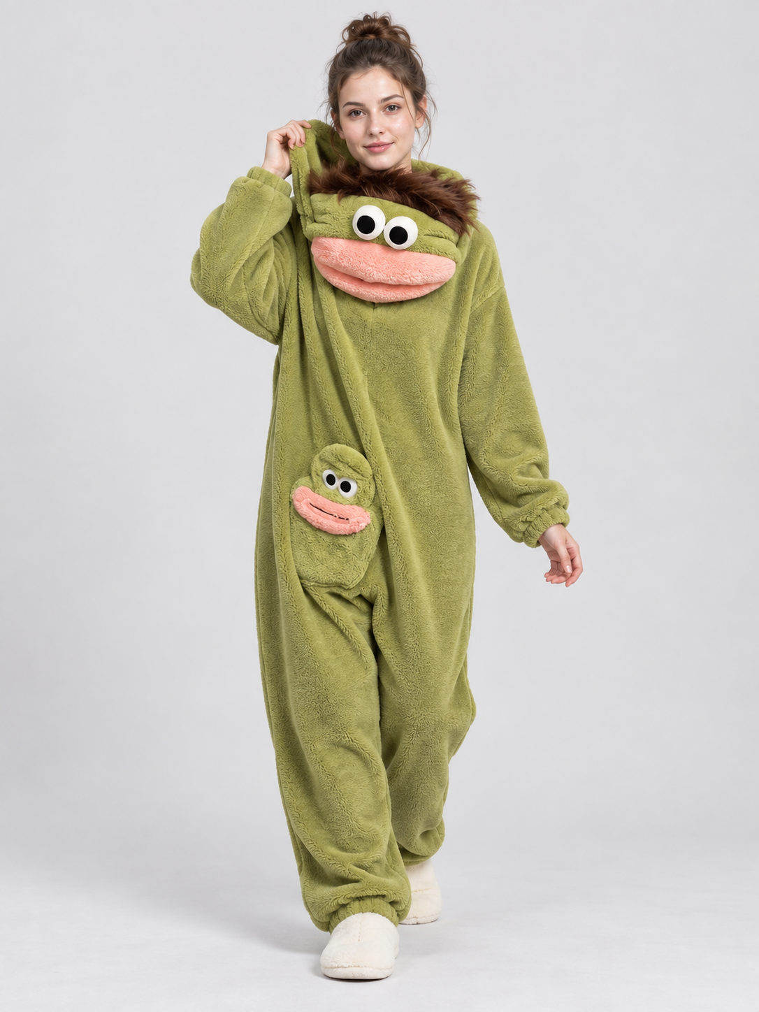 Coral Fleece Pajama Jumpsuit with Cartoon Decor