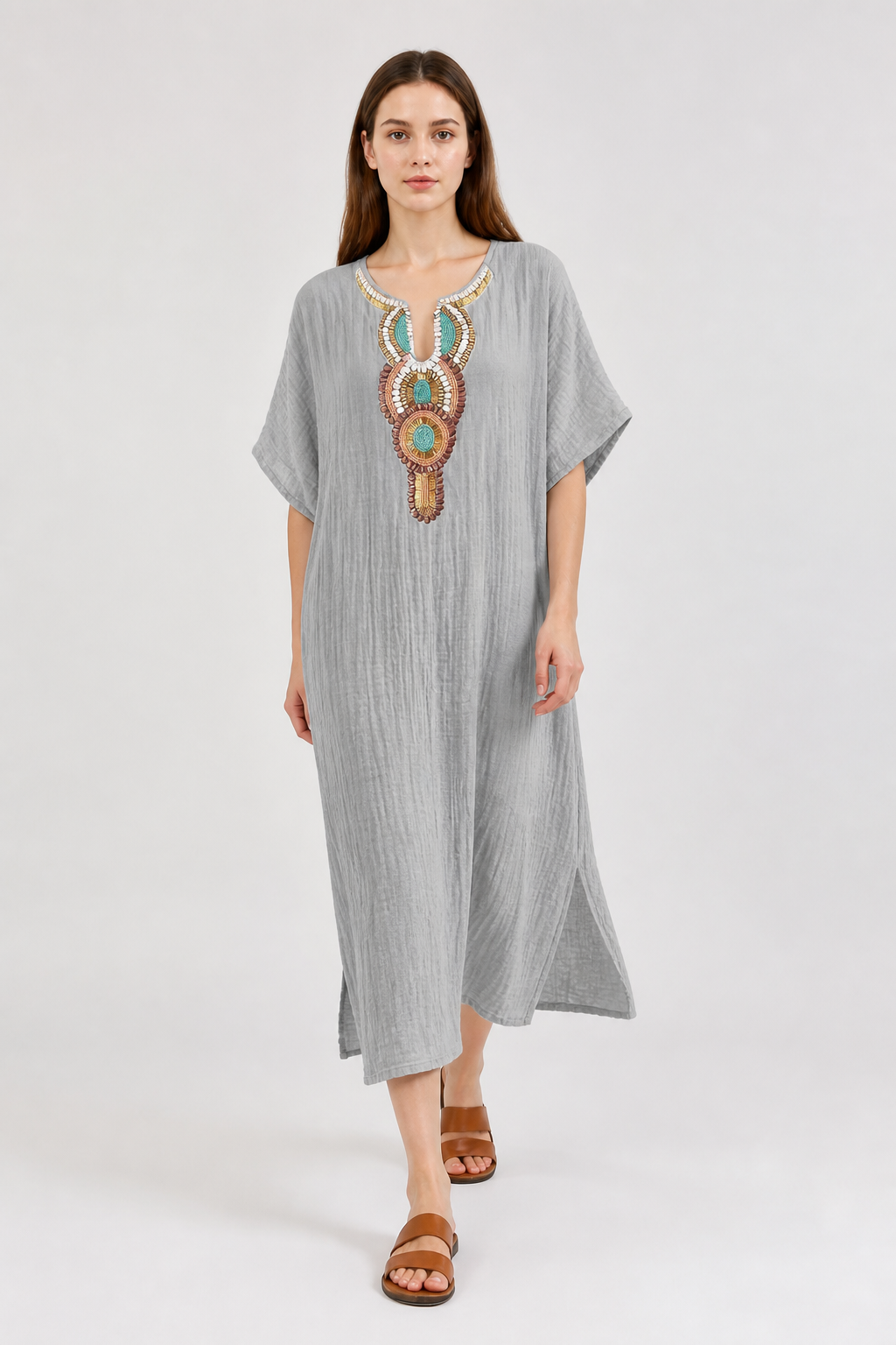 Loose-Fit Midi Dress with Beads and Round Neckline Costume Dresses detail 2