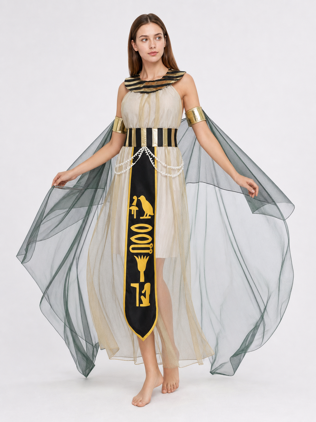 Women’s Egyptian Pharaoh Queen Halloween Cosplay Dress Set with Headpiece, Belt, Arm Accessories and Draped Sleeves for Stage Performance