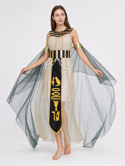 Women’s Egyptian Pharaoh Queen Halloween Cosplay Dress Set with Headpiece, Belt, Arm Accessories and Draped Sleeves for Stage Performance