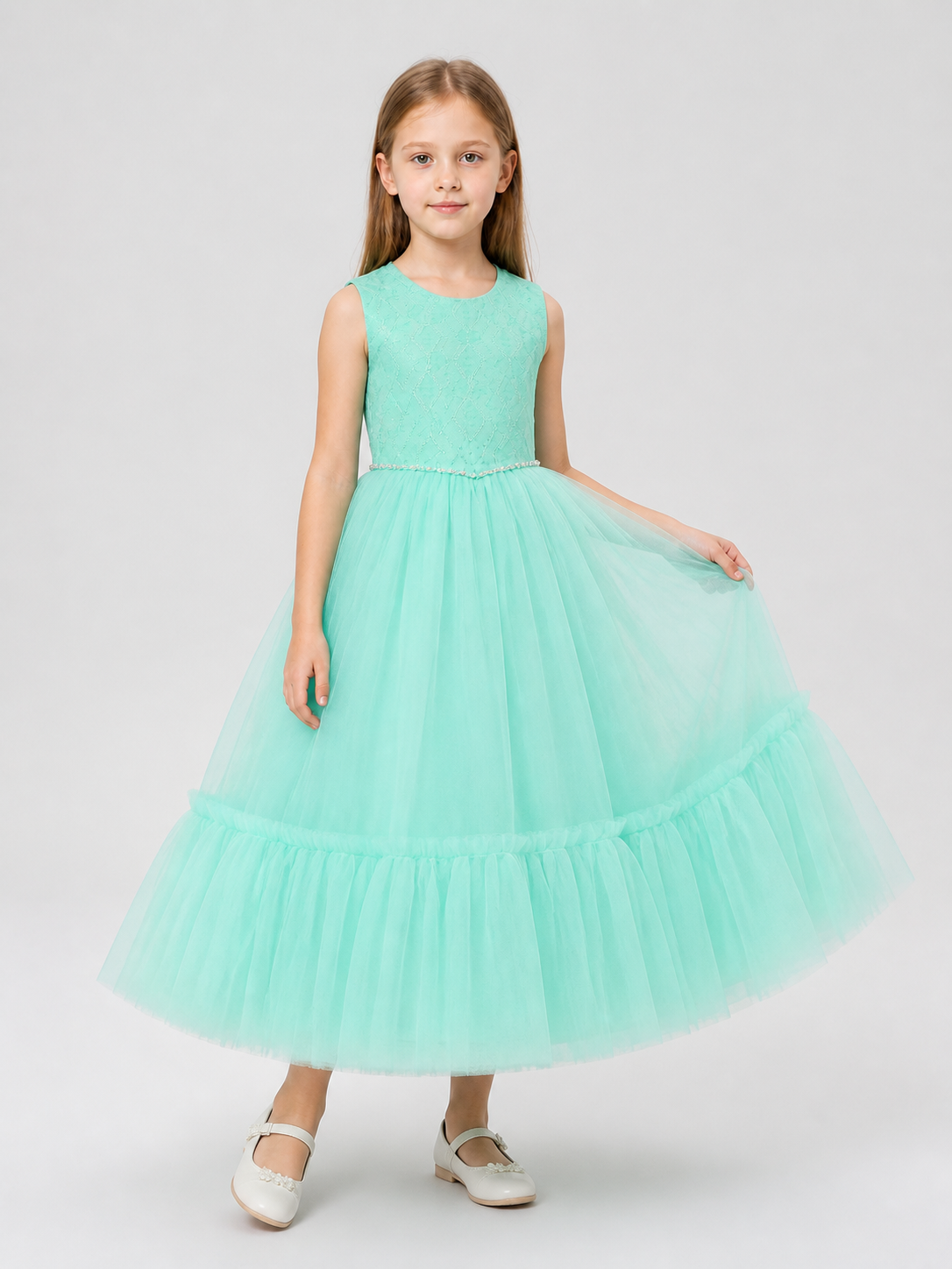 Full-Skirt Dress with Lace Bodice, Ruffles, and Belt Costume Dresses detail 2