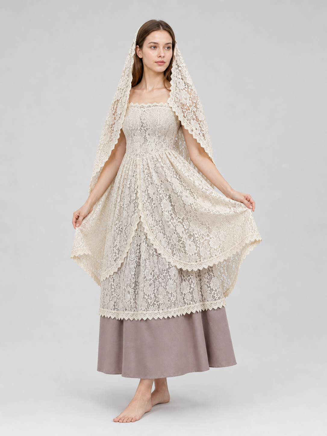 Retro Dress with Lace Head Covering
