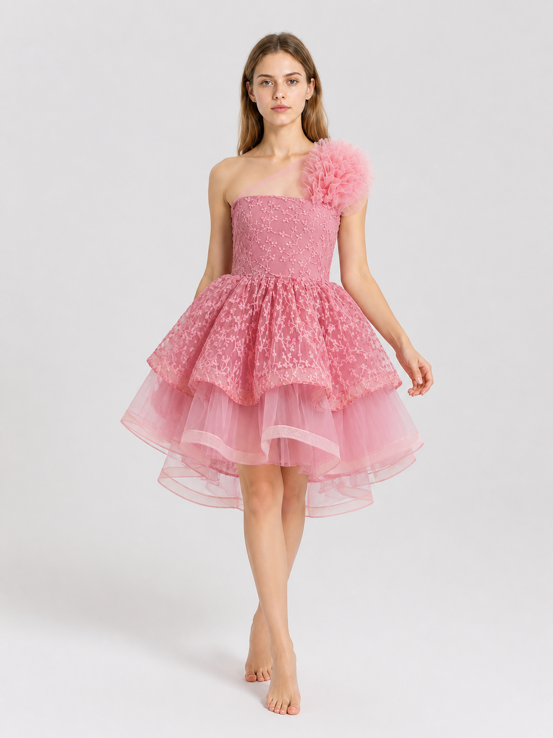 Elegant princess dress with embroidery, tulle, and a train