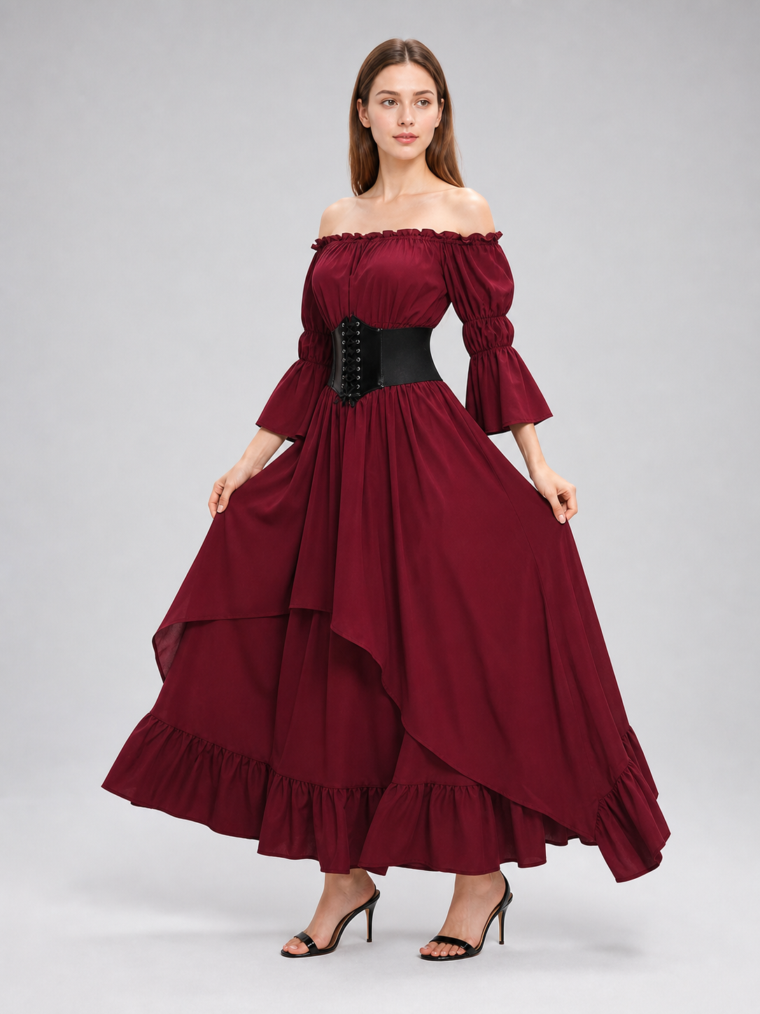 Burgundy Maxi Dress with Ruffles and Lace-Up Detail