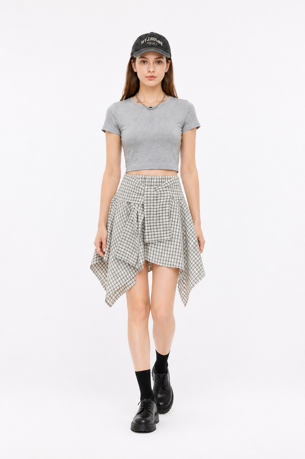 Gray-and-white Plaid Dress with an Asymmetrical Hem Costume Dresses detail 2