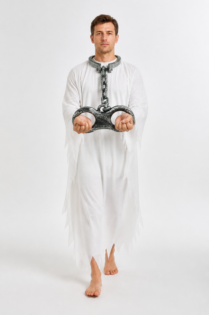 White Zombie Costume with a Ragged Hem and Chains Costumes detail 2