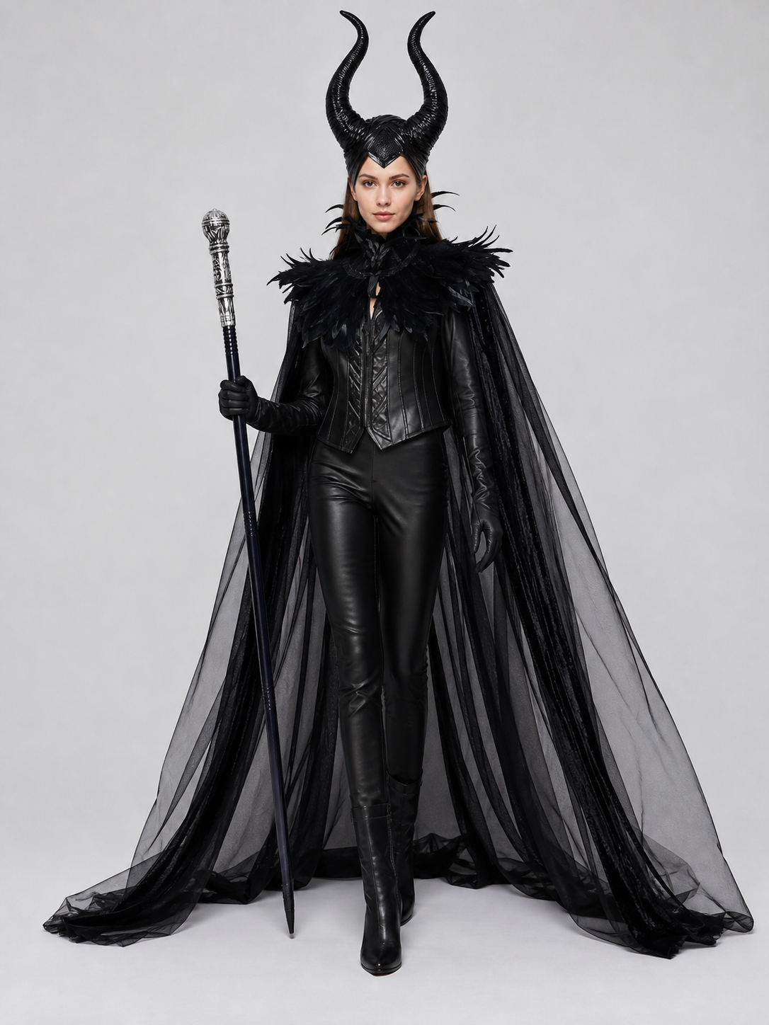 Fantasy Costume with Horns, Mesh Skirt, and Scepter