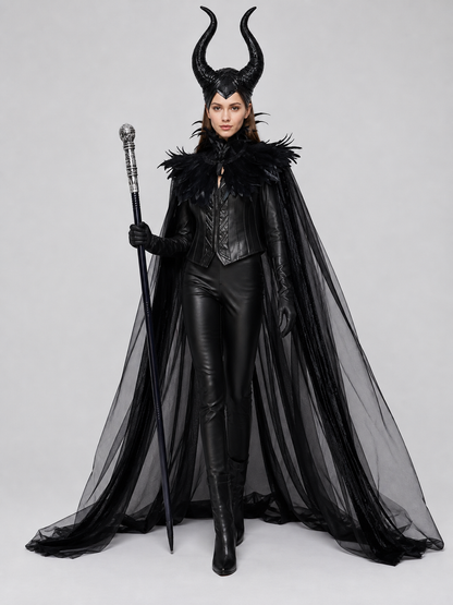 Fantasy Costume with Horns, Mesh Skirt, and Scepter