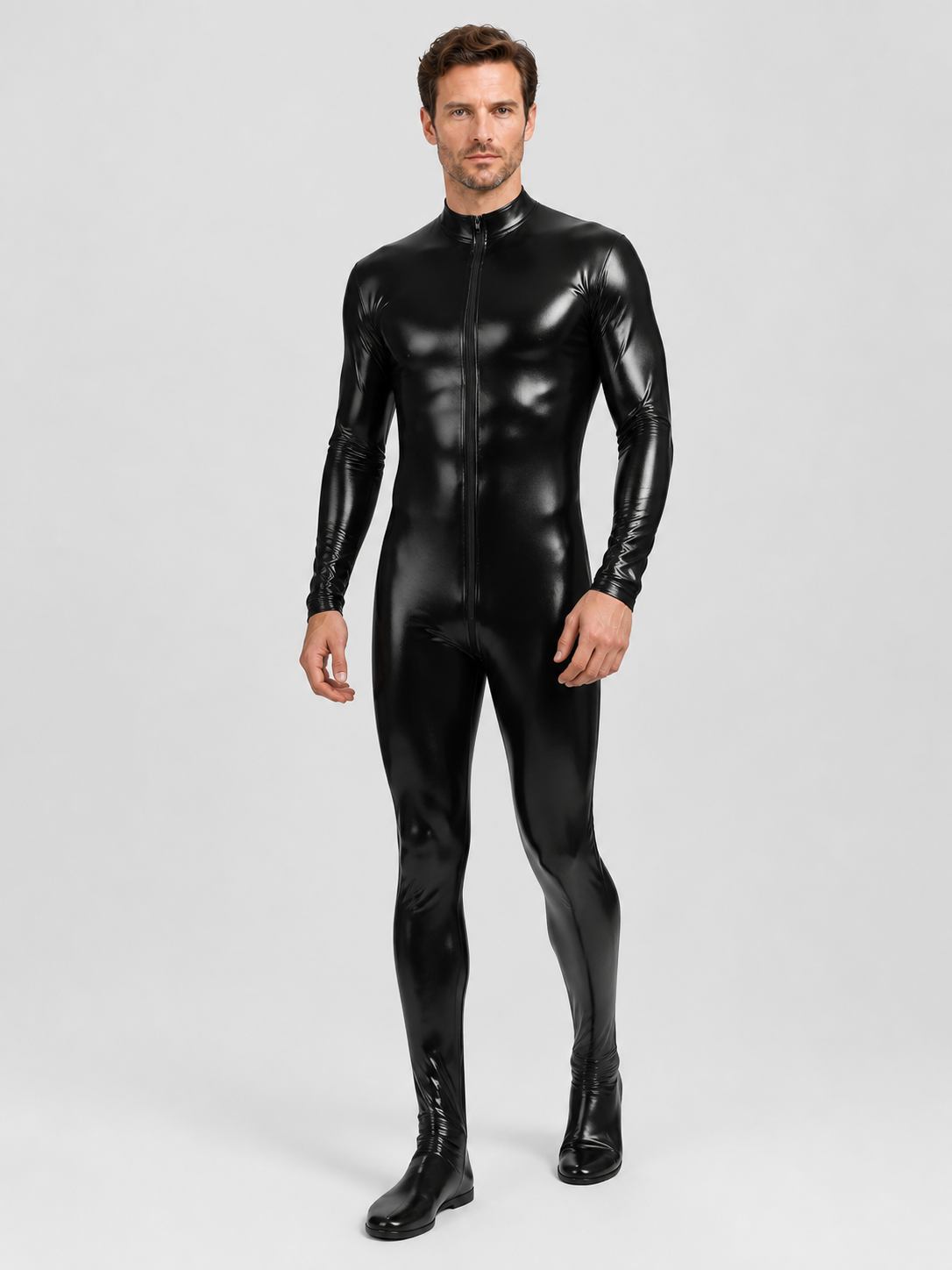 Black Glossy Form-Fitting Jumpsuit with Zipper for Stage product detail 2