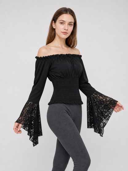 Black off-the-shoulder blouse with ruffles and long sleeves