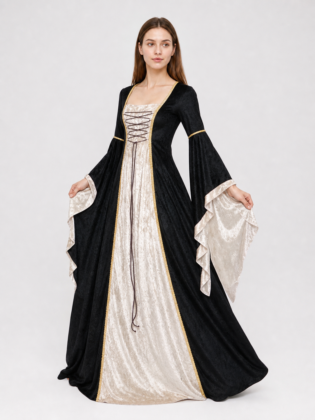 Floor-Length Dress with Corset Lacing and Ruffles