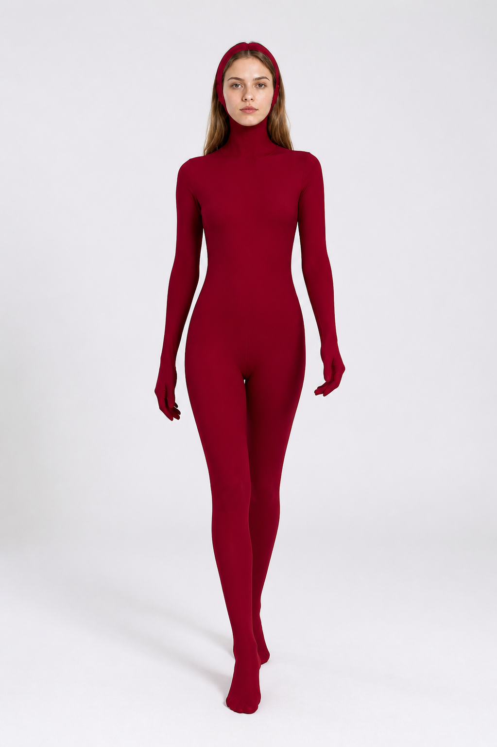 Burgundy Form-Fitting Hooded Costume Jumpsuit Costumes detail