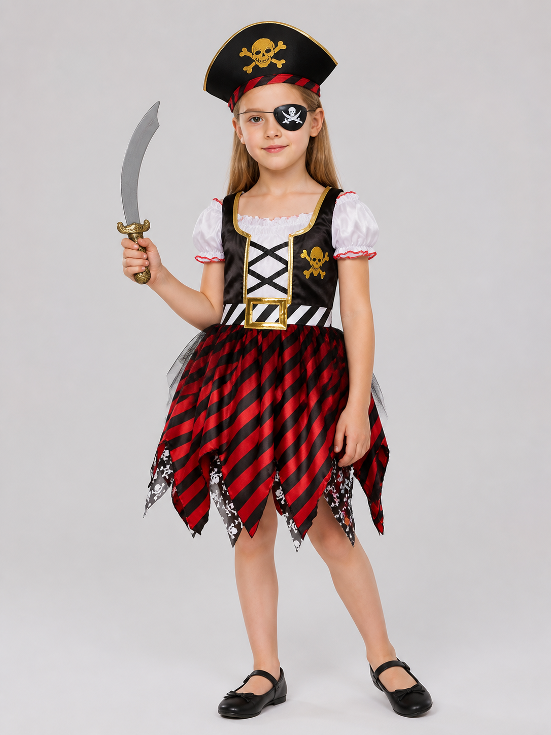 Kids' Pirate Costume: Striped Dress, Hat, and Eyepatch Costume Dresses detail 2